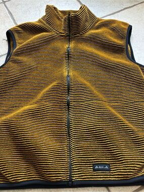 Vintage Bula Men's Large Yellow Black Striped Zip Vest Fleece Pockets Hiking